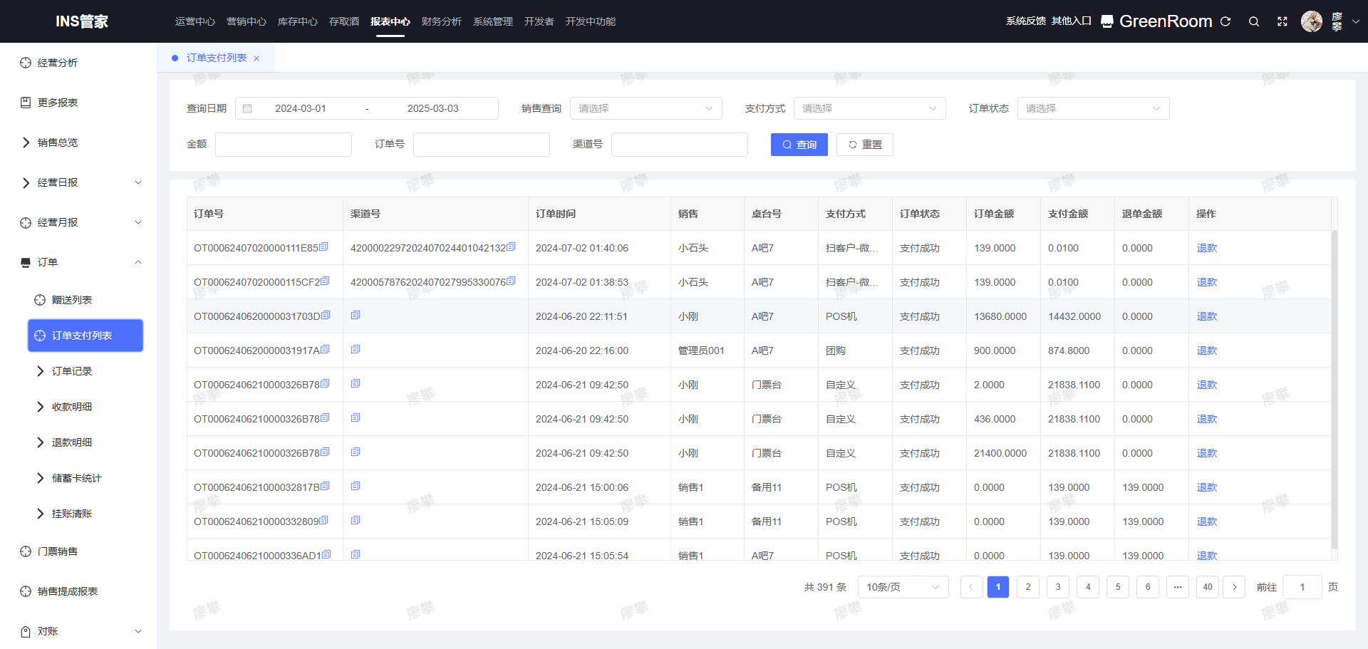 1.在列表中找到需要退款的订单 2.点击操作列的"退款"按钮